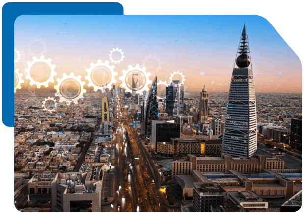 Riyadh skyline with Kingdom Tower and tech-themed digital graphics.